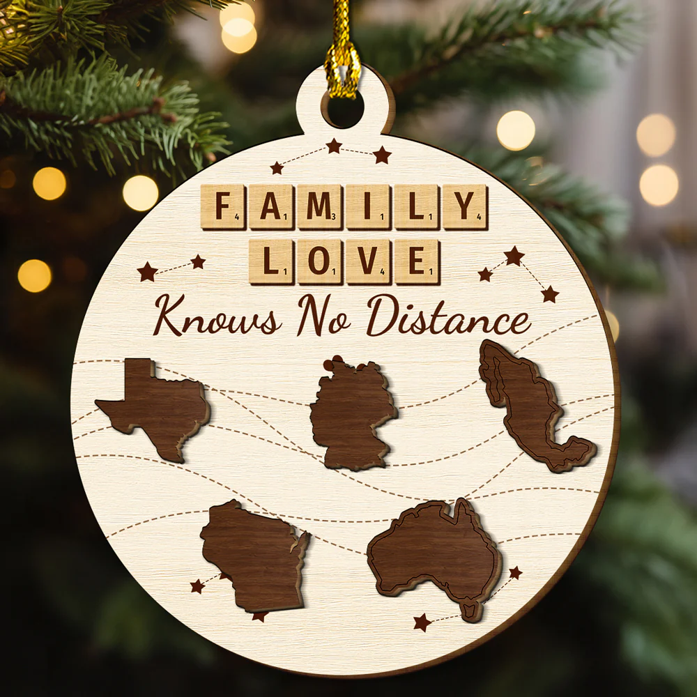 Family Love Knows No Distance - Personalized Custom Freeshape 2-Layered Wood Ornament - Image 3