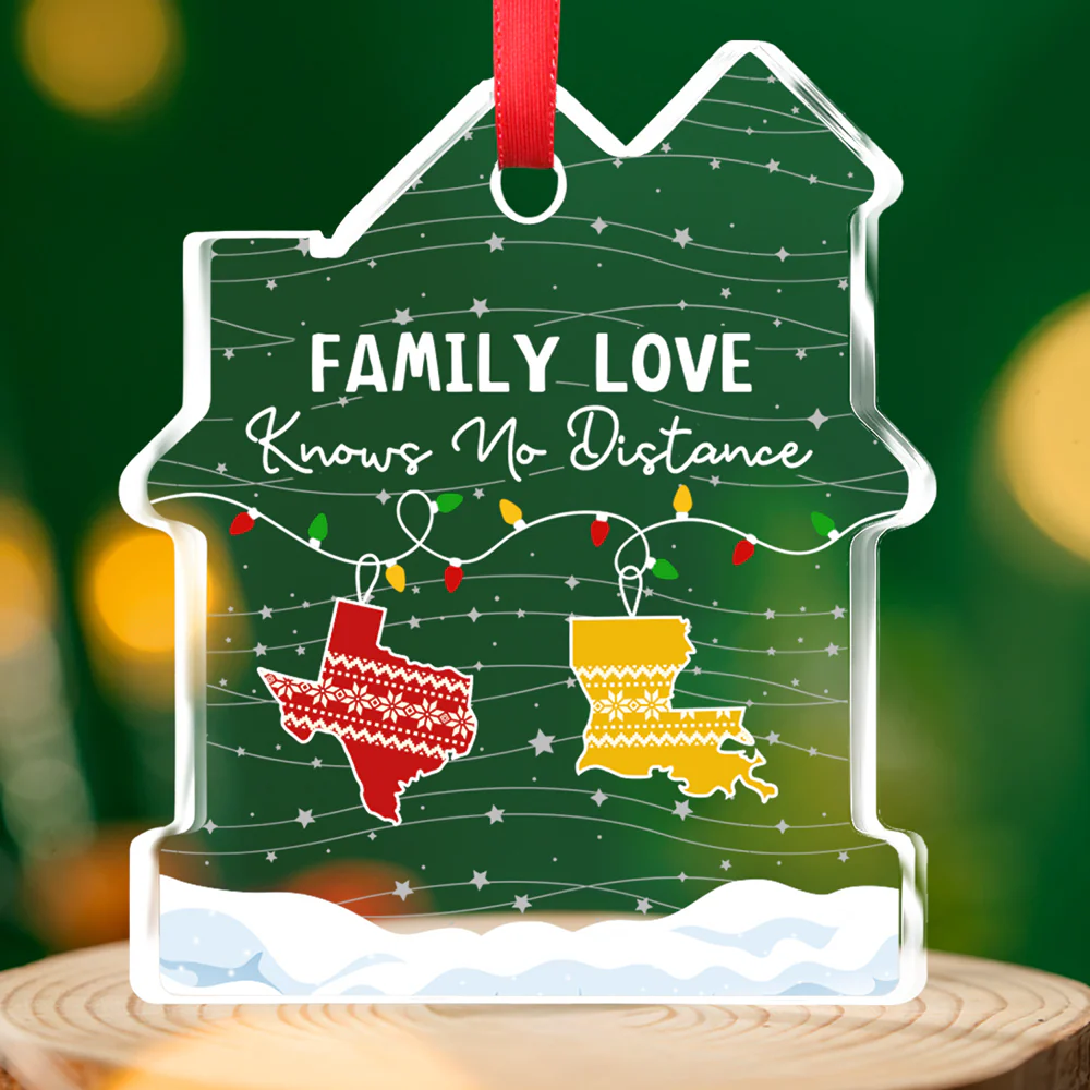 Family Love Knows No Distance - Personalized Custom House Shaped Glass Ornament - Image 2