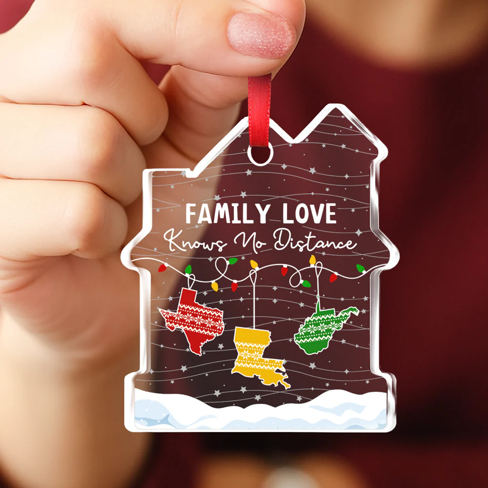 Family Love Knows No Distance - Personalized Custom House Shaped Glass Ornament - Image 3