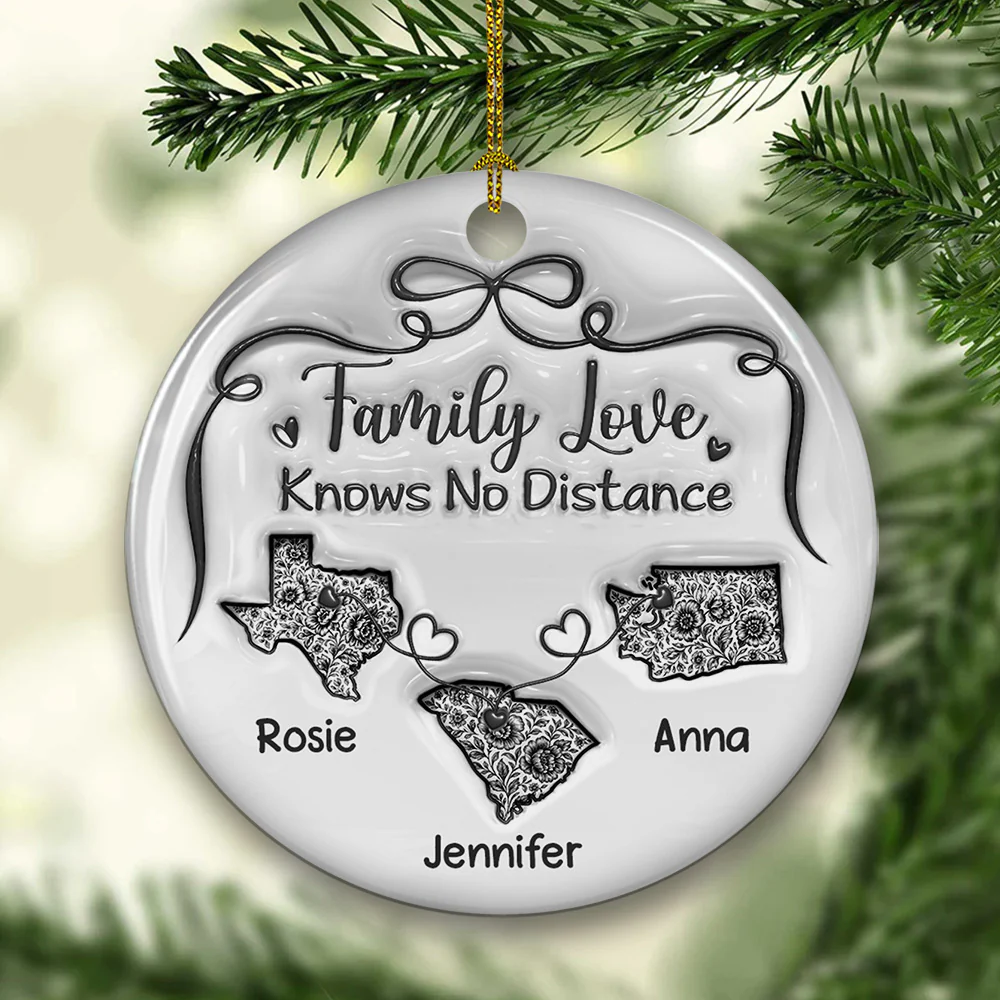 Family Love Knows No Distance Toile De Jouy - Personalized Custom 3D Inflated Effect Ceramic Ornament - Image 3