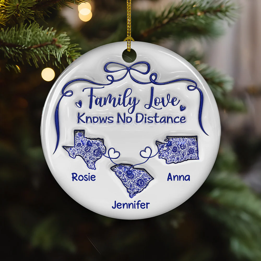 Family Love Knows No Distance Toile De Jouy - Personalized Custom 3D Inflated Effect Ceramic Ornament - Image 4