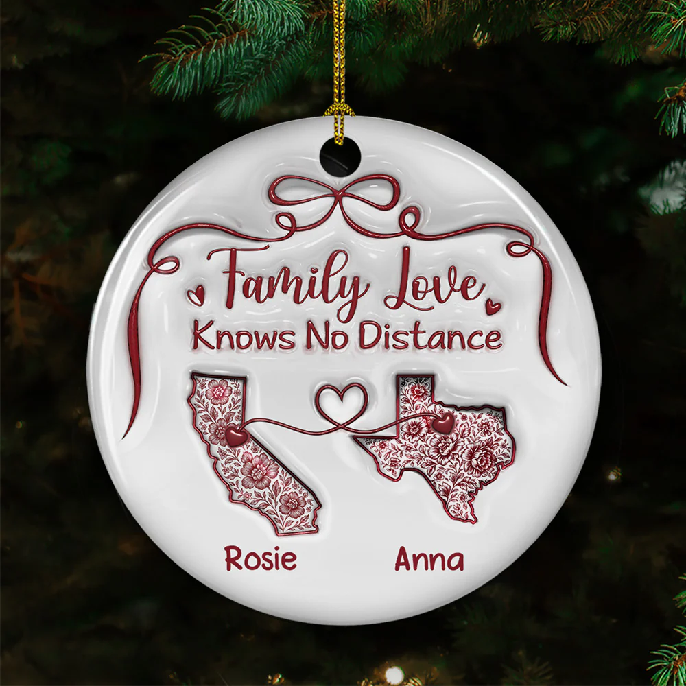Family Love Knows No Distance Toile De Jouy - Personalized Custom 3D Inflated Effect Ceramic Ornament - Image 5