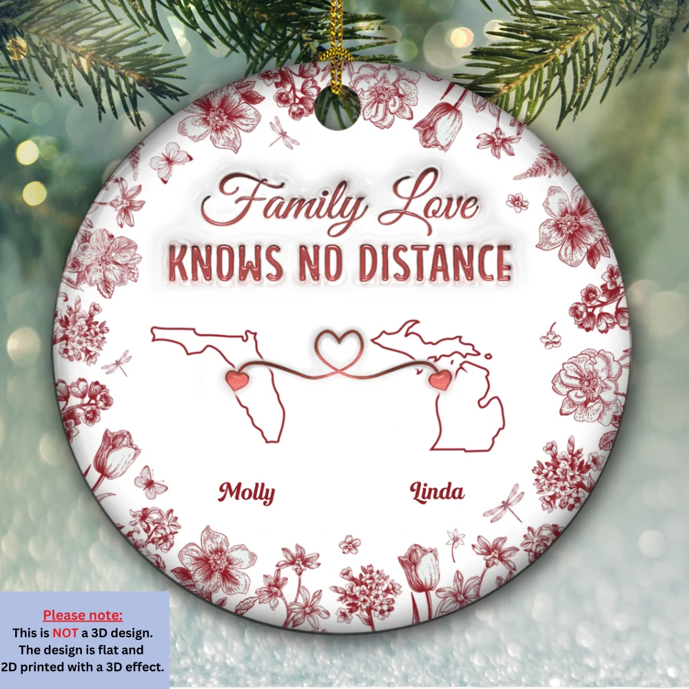 Family Love Knows No Distance Toile Style - Personalized Custom 3D Inflated Effect Ceramic Ornament - Image 5