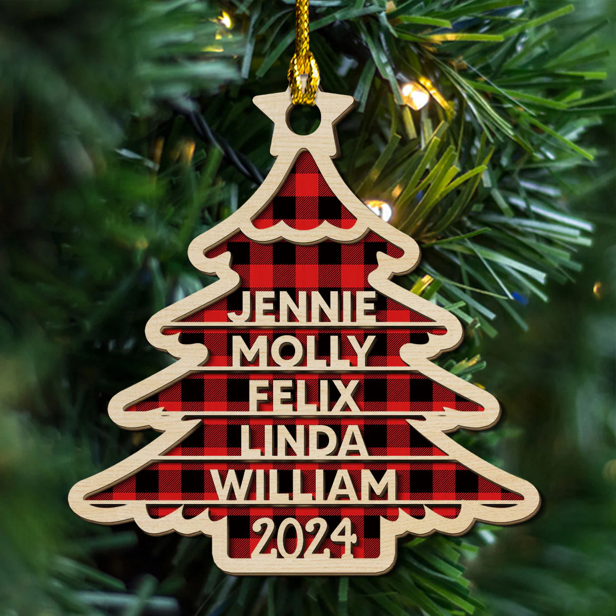 Family Name Christmas Tree - Personalized Custom 2-layered Wood Ornament - Image 2