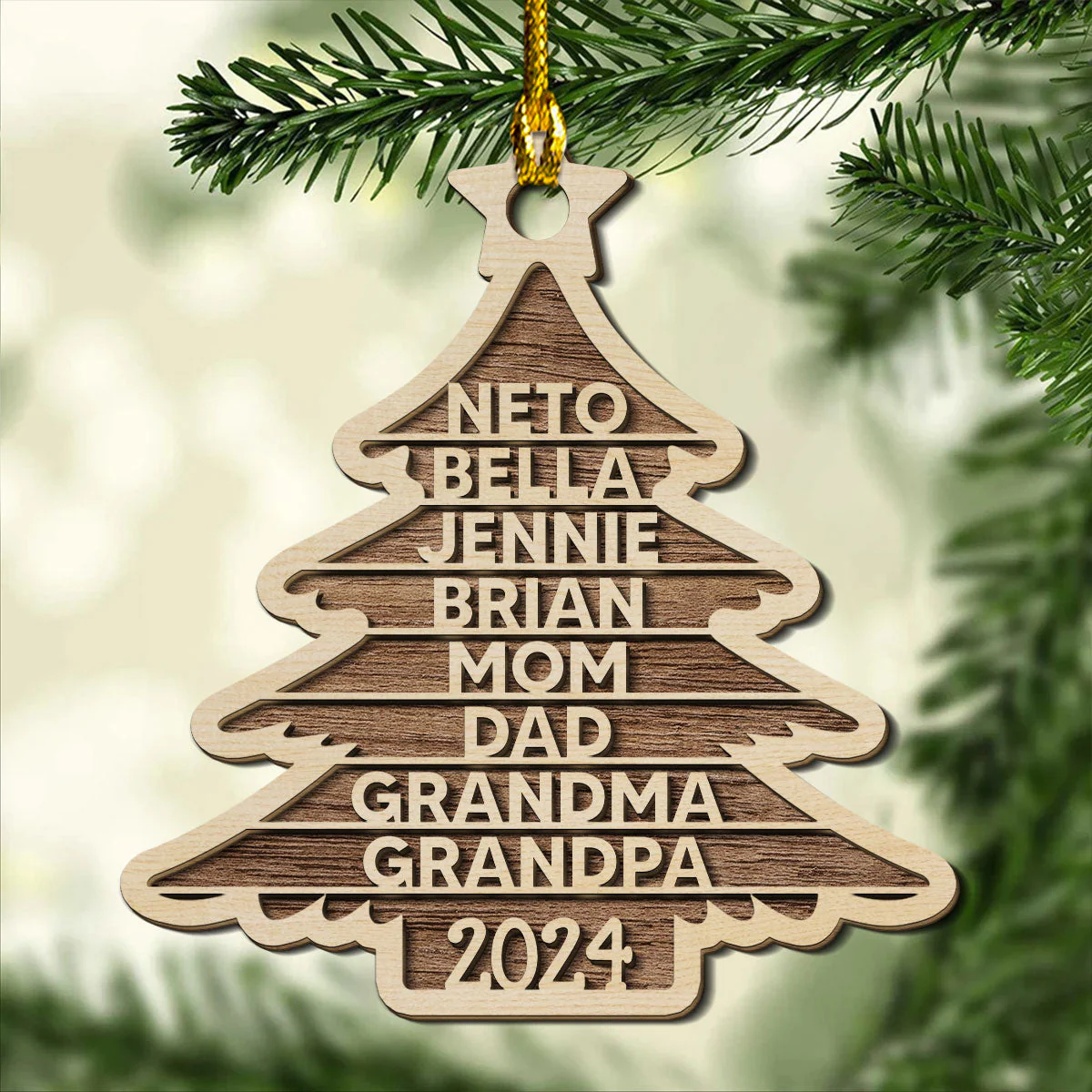 Family Name Christmas Tree - Personalized Custom 2-layered Wood Ornament - Image 4