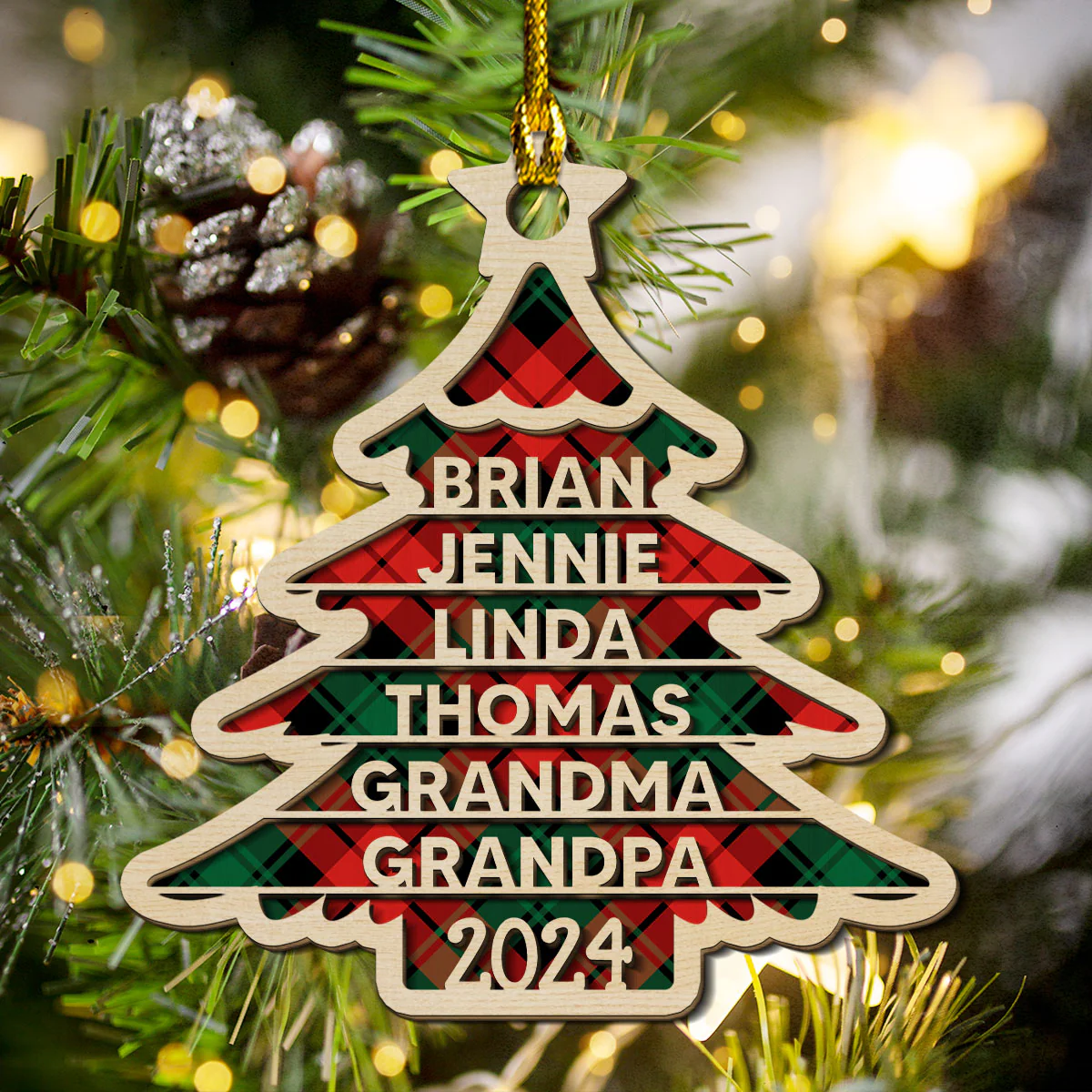 Family Name Christmas Tree - Personalized Custom 2-layered Wood Ornament - Image 2