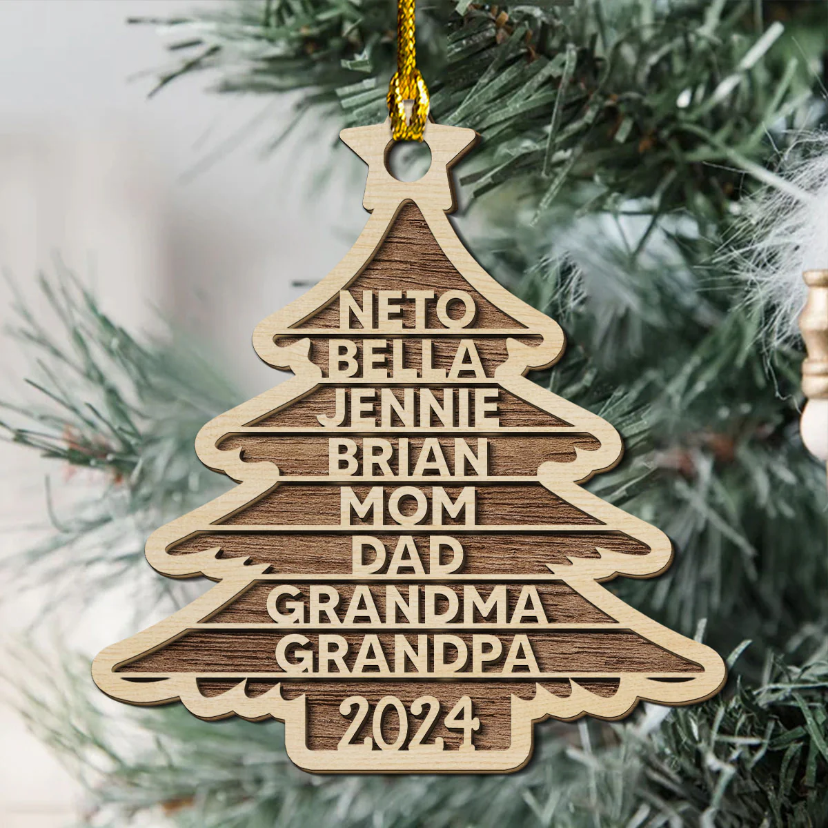 Family Name Christmas Tree - Personalized Custom 2-layered Wood Ornament - Image 4