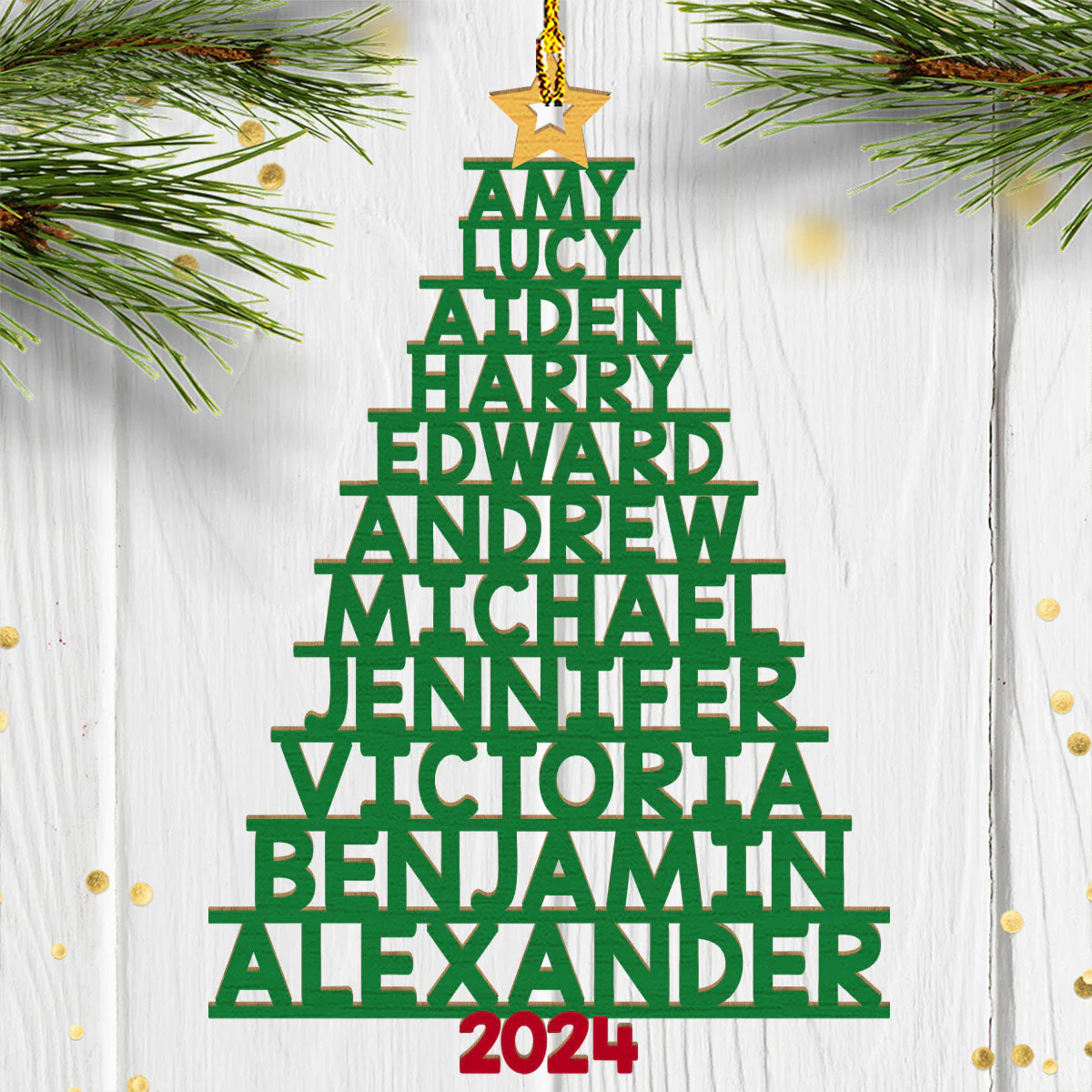 Family Names Christmas Tree (Version 11-14 Names)  - Personalized Custom 1-layered Wood Ornament - Image 2