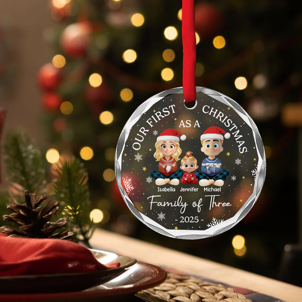 Family Of Three - Personalized Custom Glass Ornament - Image 3
