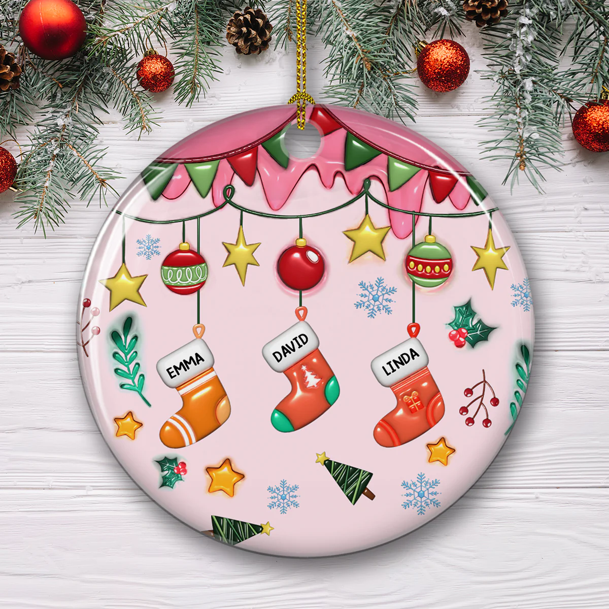 Family Stockings Christmas - Personalized Custom 3D Inflated Effect Ceramic Ornament - Image 3