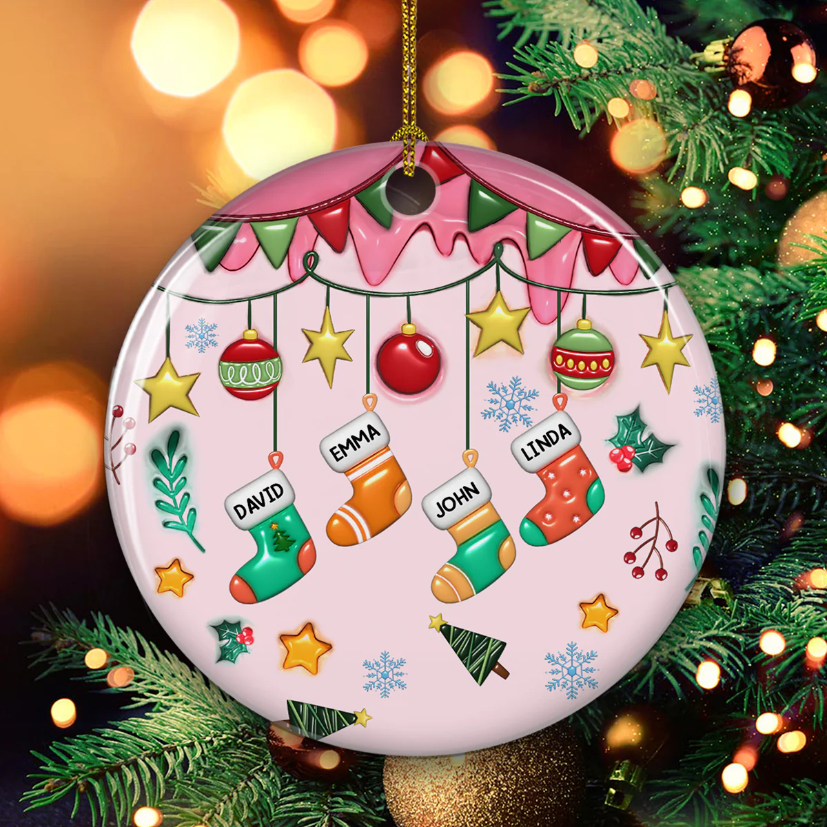 Family Stockings Christmas - Personalized Custom 3D Inflated Effect Ceramic Ornament - Image 4