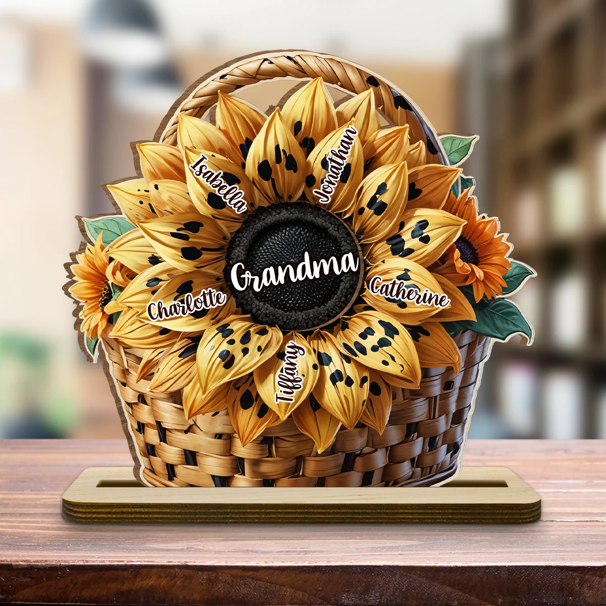 Family Sunflower - Personalized Custom 2-Layer Wood Plaque With Flat Base - Image 3