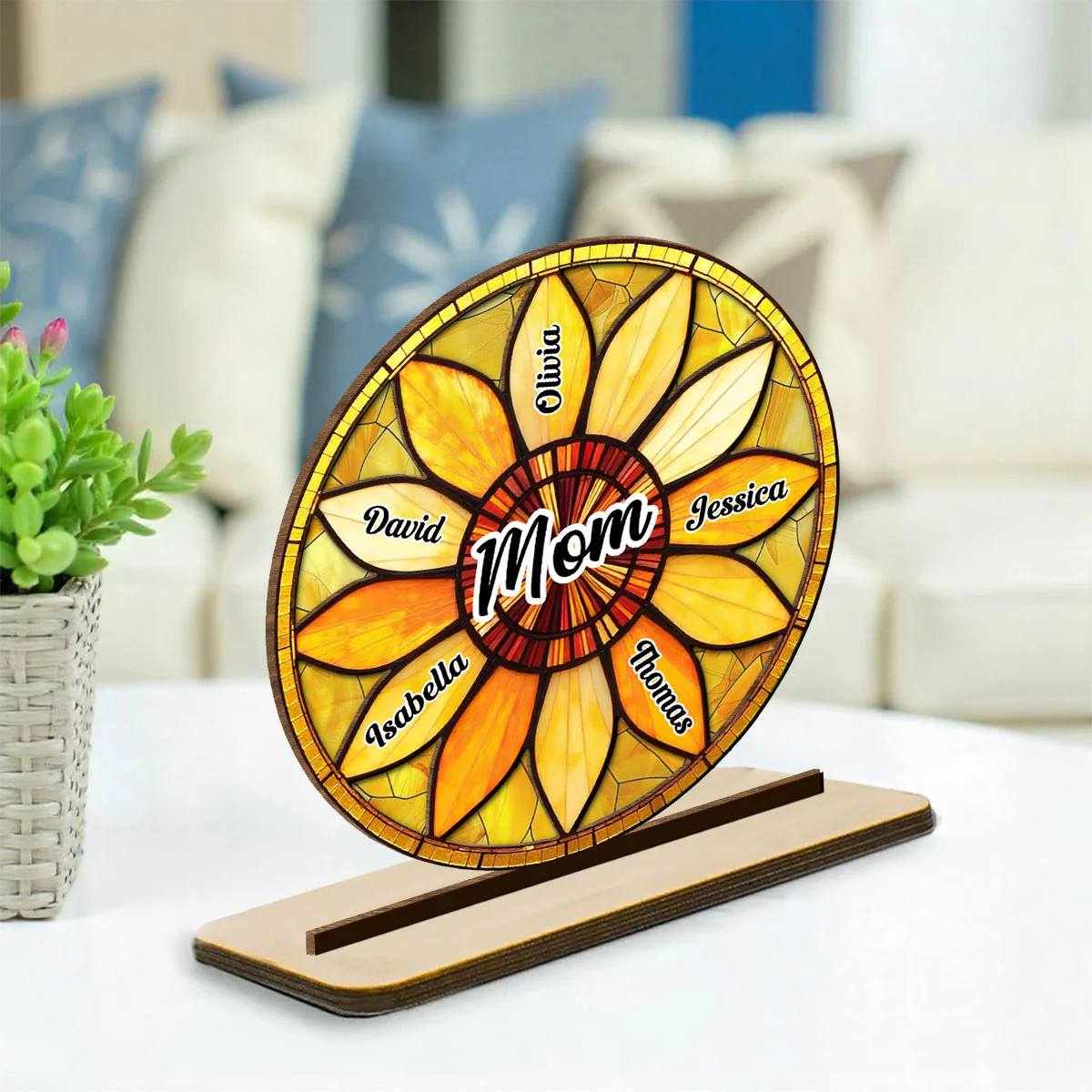 Family Sunflower - Personalized Custom 2-Layer Wood Plaque With Flat Base - Image 3