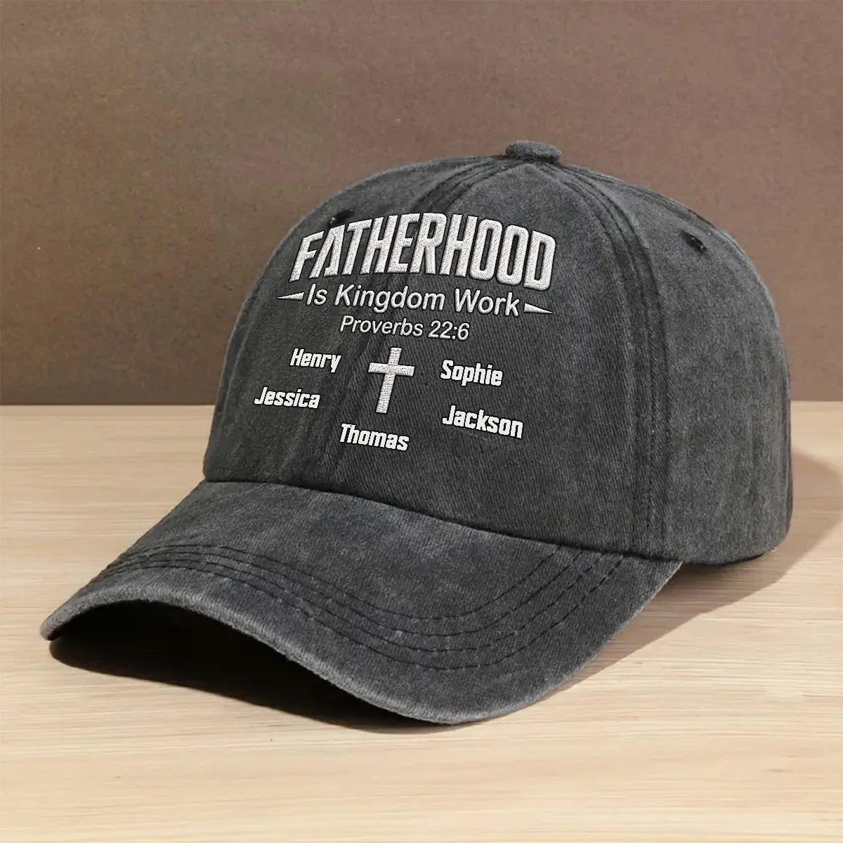 Fatherhood Is Kingdom Work - Personalized Custom Vintage Washed Denim Cap - Image 2