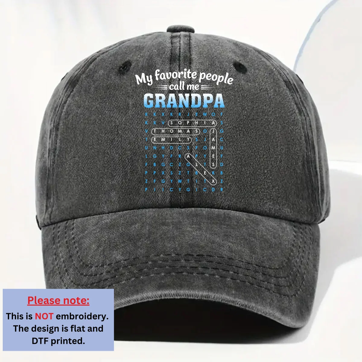 Favorite People Call Grandpa Dad Word Search Puzzle - Personalized Custom Vintage Washed Denim Cap - Image 7