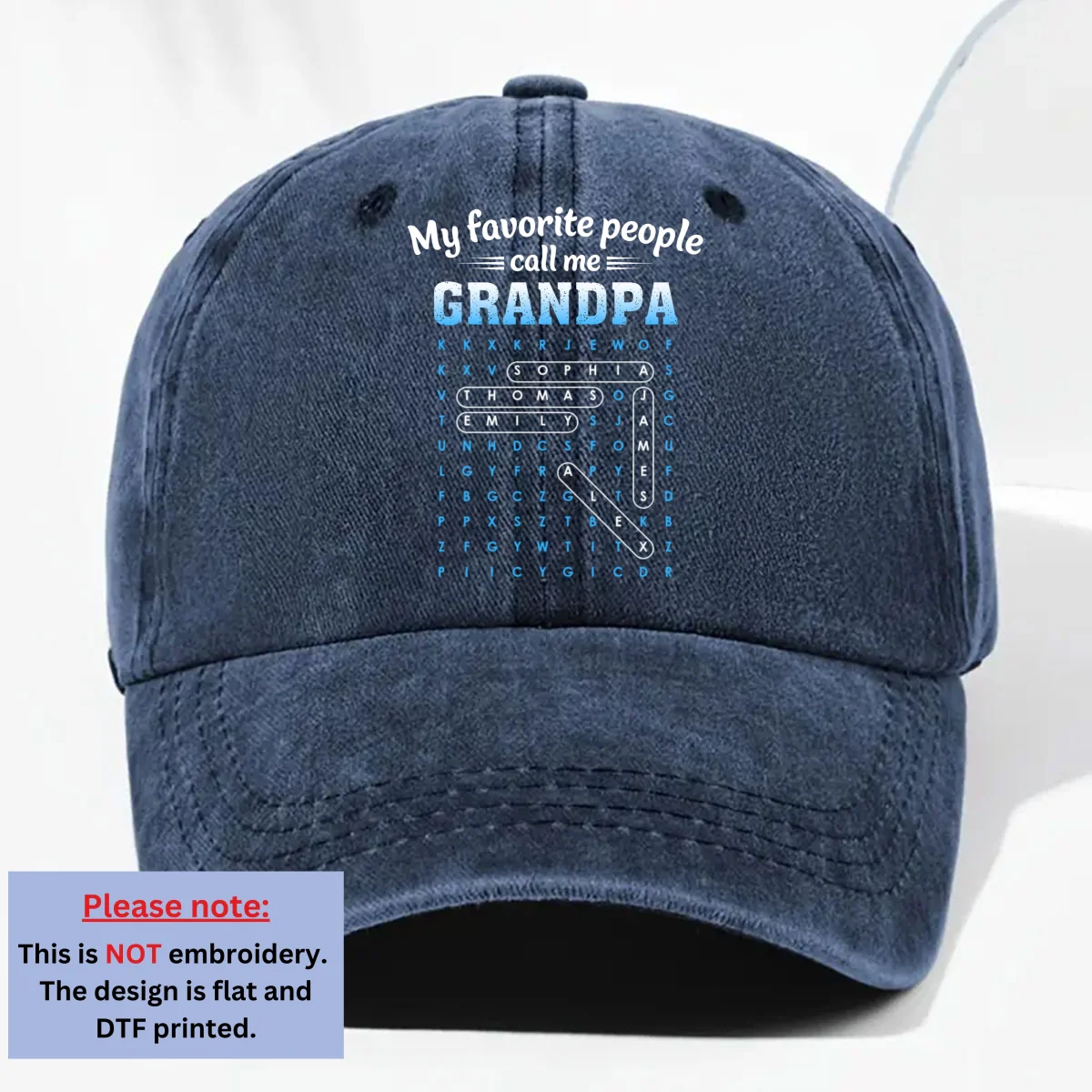 Favorite People Call Grandpa Dad Word Search Puzzle - Personalized Custom Vintage Washed Denim Cap - Image 9