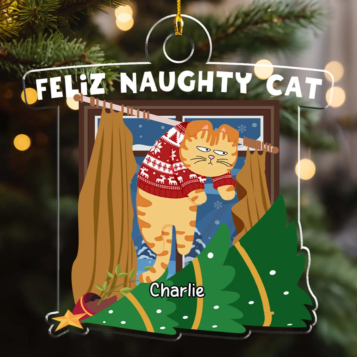 Feliz Naughty Cat - Personalized Custom Acrylic Ornament - Image 2