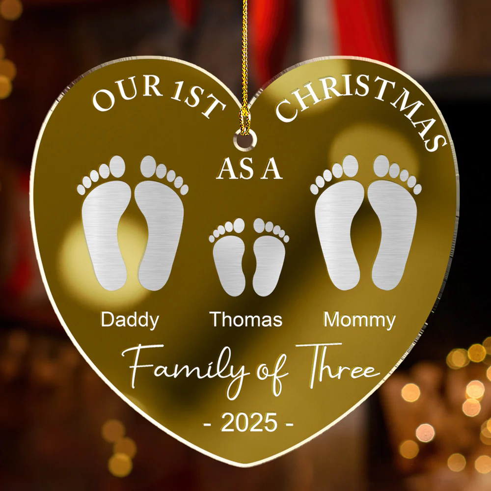 First Christmas As A Family Footprints  - Personalized Custom Mirrored Acrylic Ornament - Image 2