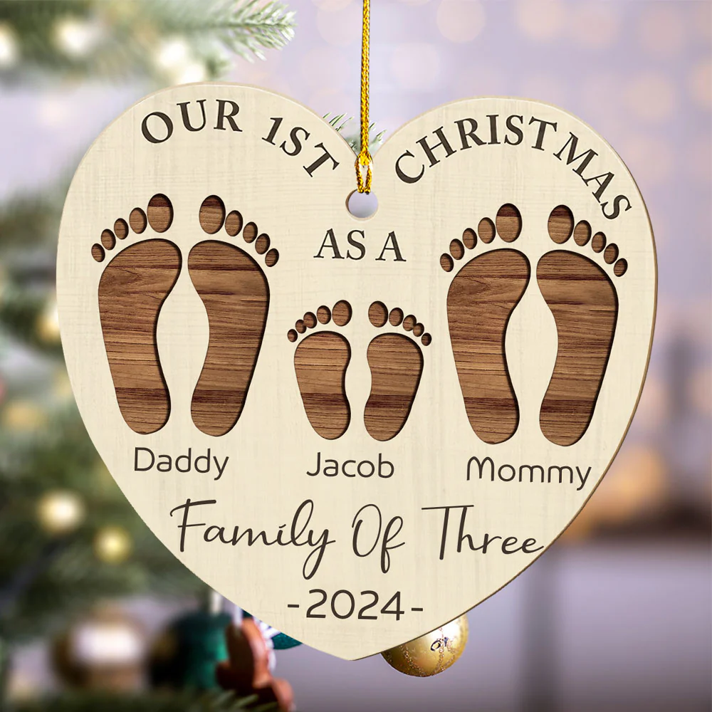 First Christmas As A Family Footprints - Personalized Custom Wood Ornament - Image 3