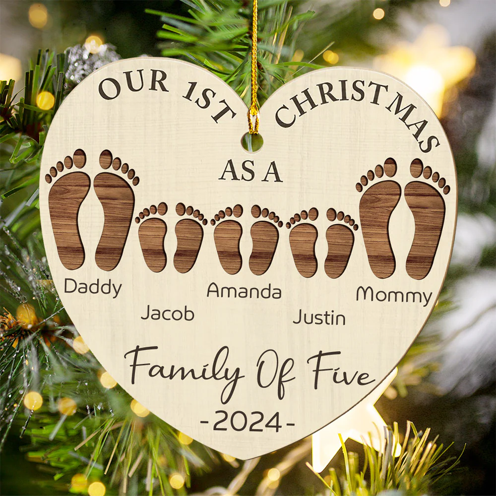 First Christmas As A Family Footprints - Personalized Custom Wood Ornament - Image 4