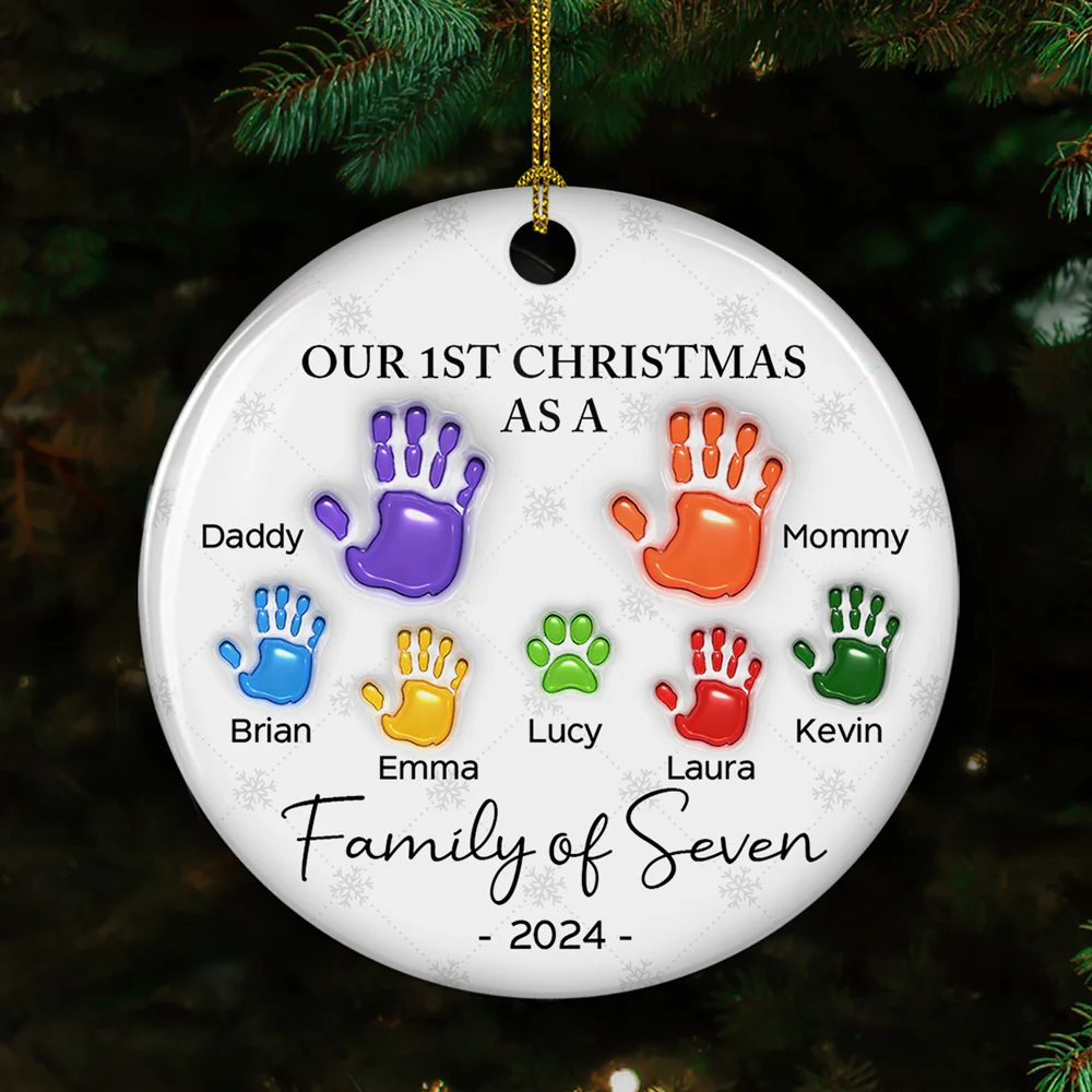 First Christmas As A Family Handprints - Personalized Custom 3D Inflated Effect Ceramic Ornament - Image 4
