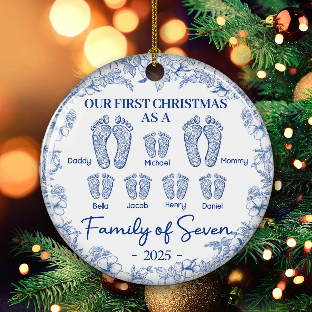First Christmas As A Family Of Four Toile Footprints - Personalized Custom Ceramic Ornament - Image 2
