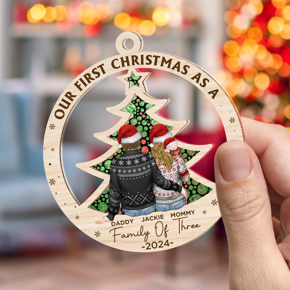First Christmas As A Family Of Three New Parents - Personalized Custom Suncatcher Ornament - Image 3