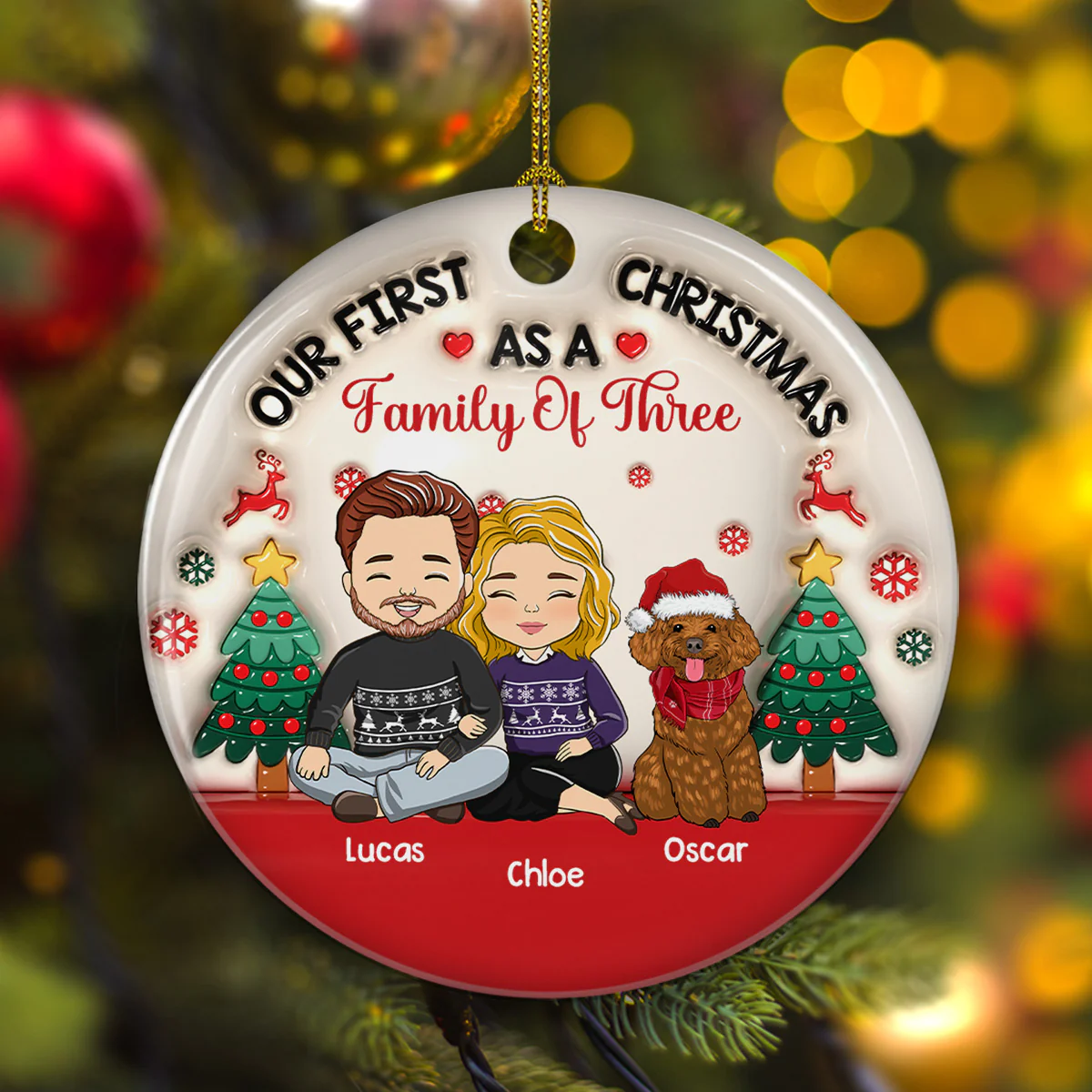 First Christmas As A Family Of Three - Personalized Custom 3D Inflated Effect Ceramic Ornament - Image 4