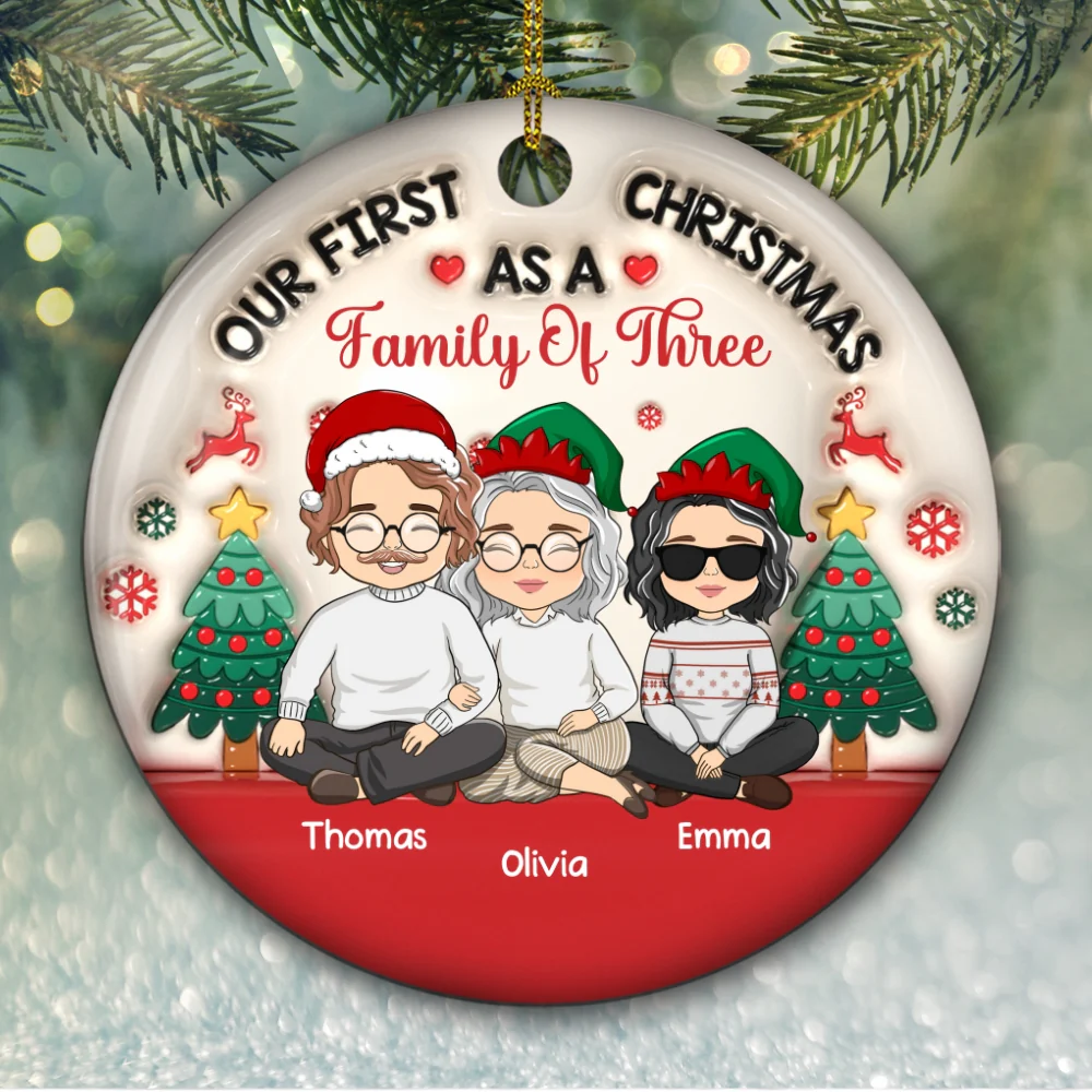 First Christmas As A Family Of Three - Personalized Custom 3D Inflated Effect Ceramic Ornament - Image 5