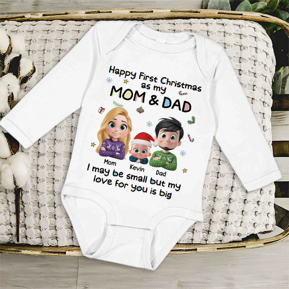 First Christmas With Mom And Dad - Personalized Custom Long Sleeve Baby Onesie - Image 3
