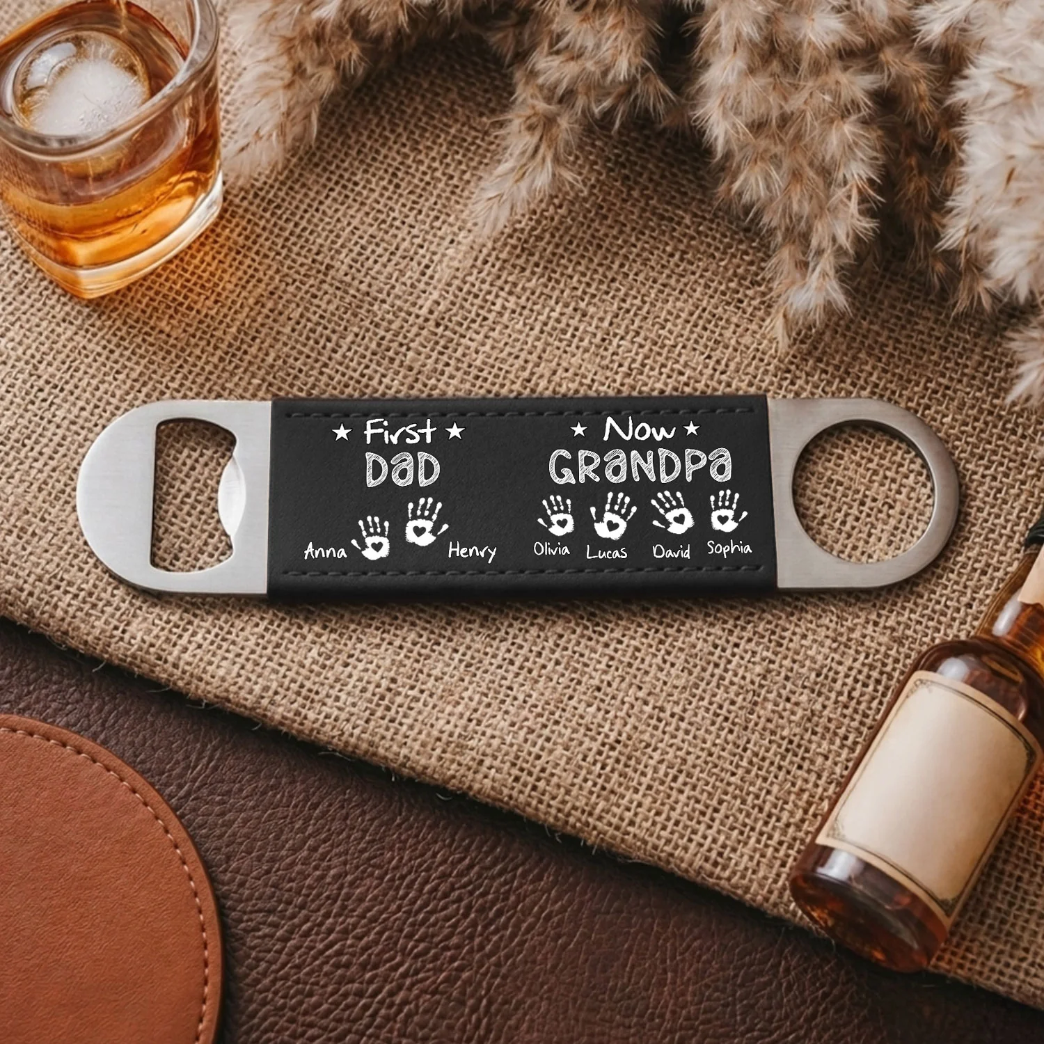 First Dad Now Grandpa - Personalized Custom Leather Bottle Opener