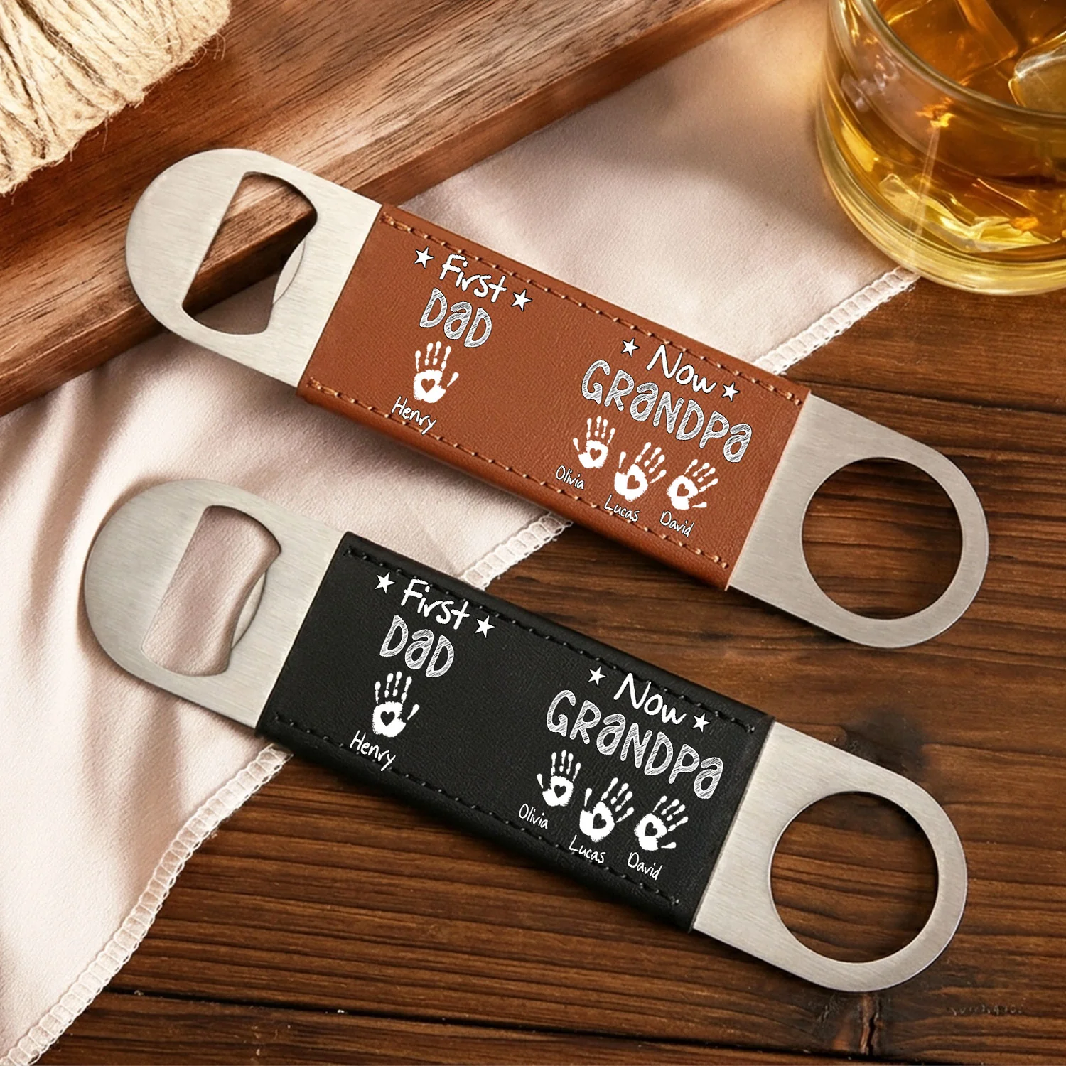 First Dad Now Grandpa - Personalized Custom Leather Bottle Opener - Image 3