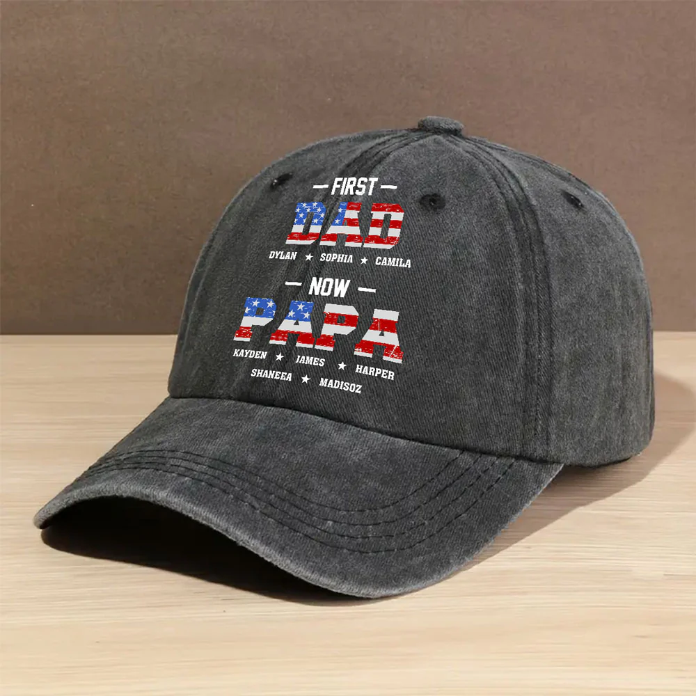 First Dad Now Papa - Personalized Custom Vintage Washed Denim Cap - Image 2