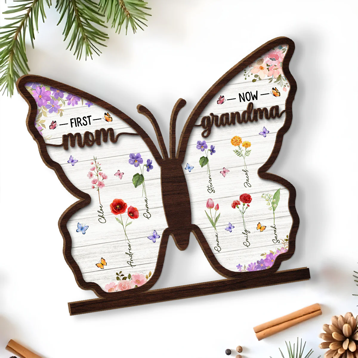 First Mom Now Grandma Butterfly - Personalized Custom 2-Layer Wood Plaque With Flat Base - Image 2