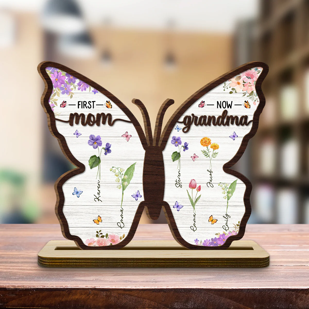 First Mom Now Grandma Butterfly - Personalized Custom 2-Layer Wood Plaque With Flat Base - Image 3