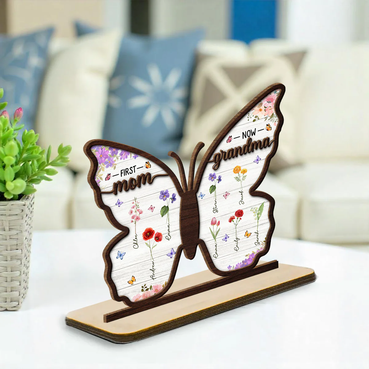 First Mom Now Grandma Butterfly - Personalized Custom 2-Layer Wood Plaque With Flat Base - Image 4