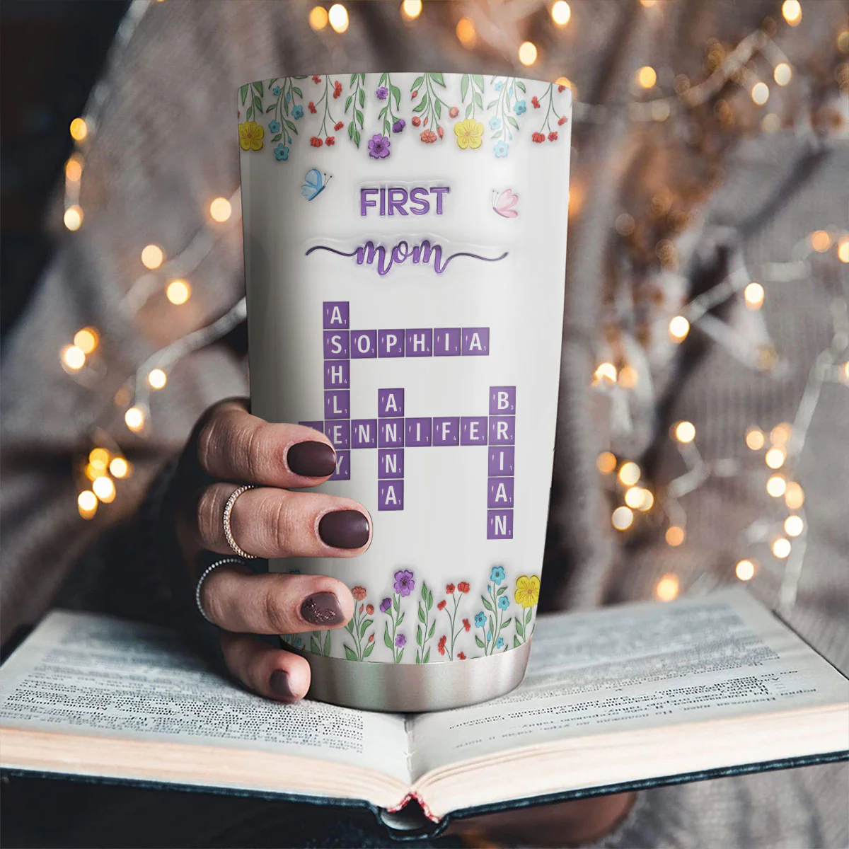 First Mom Now Grandma Crossword Floral Version - Personalized Custom 3D Inflated Effect Tumbler - Image 2