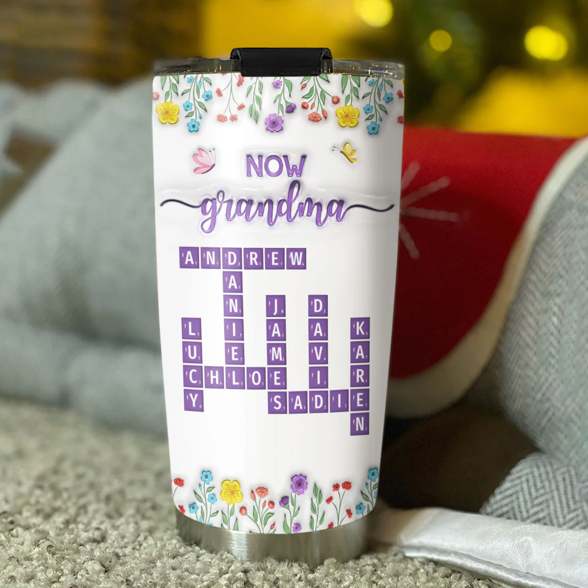 First Mom Now Grandma Crossword Floral Version - Personalized Custom 3D Inflated Effect Tumbler - Image 4