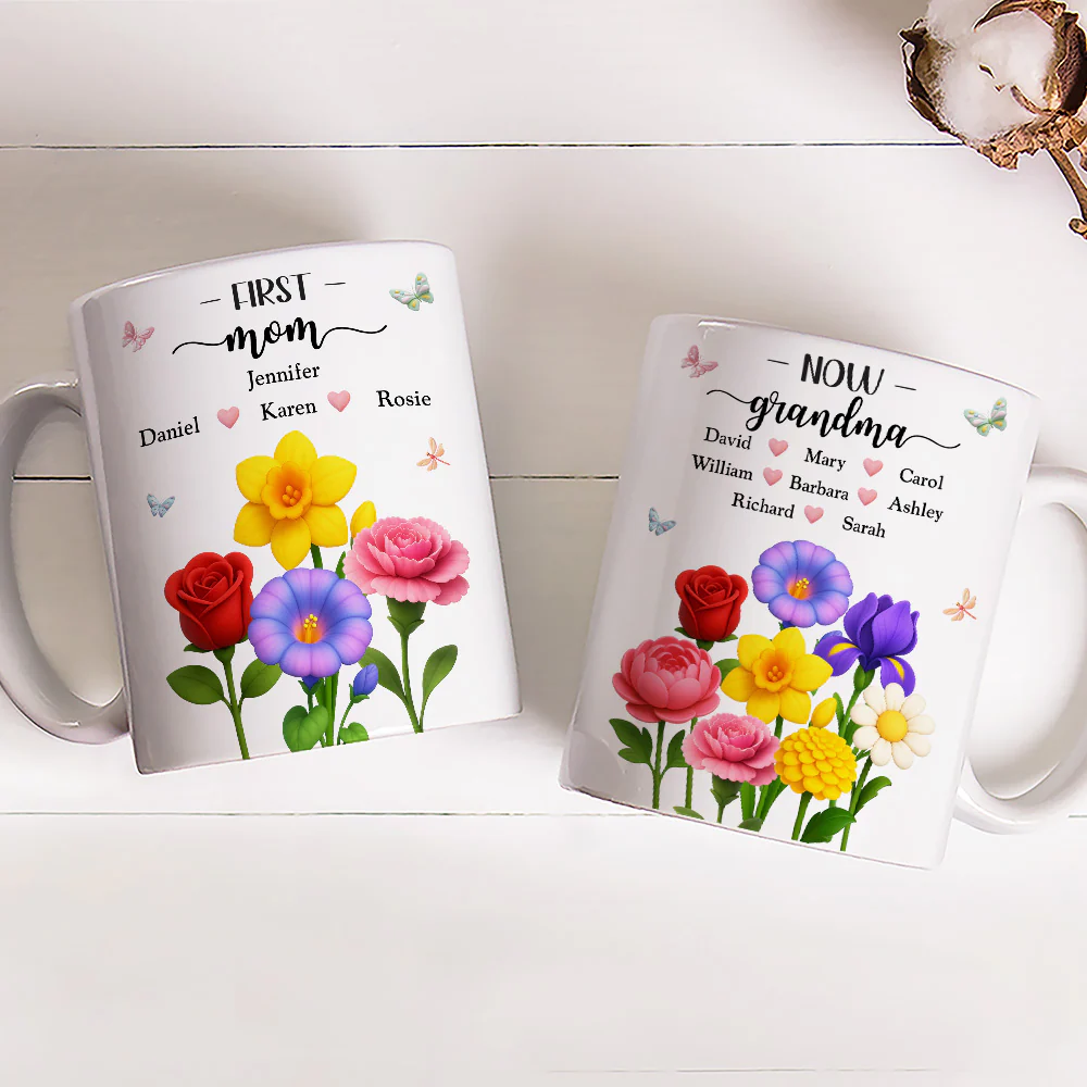 First Mom Now Grandma Floral - Personalized Custom Coffee Mug - Image 4
