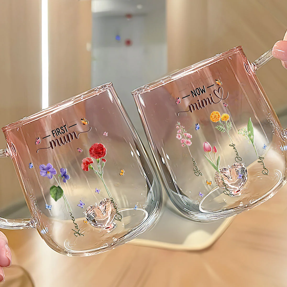 First Mom Now Grandma Flower - Personalized Custom Pink Gradient Glass Mug - Image 2