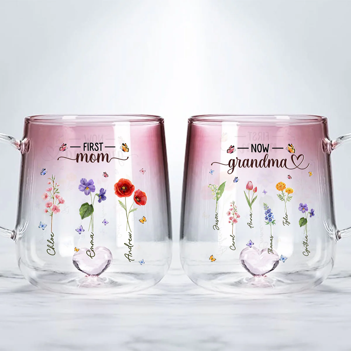 First Mom Now Grandma Flower - Personalized Custom Pink Gradient Glass Mug - Image 3