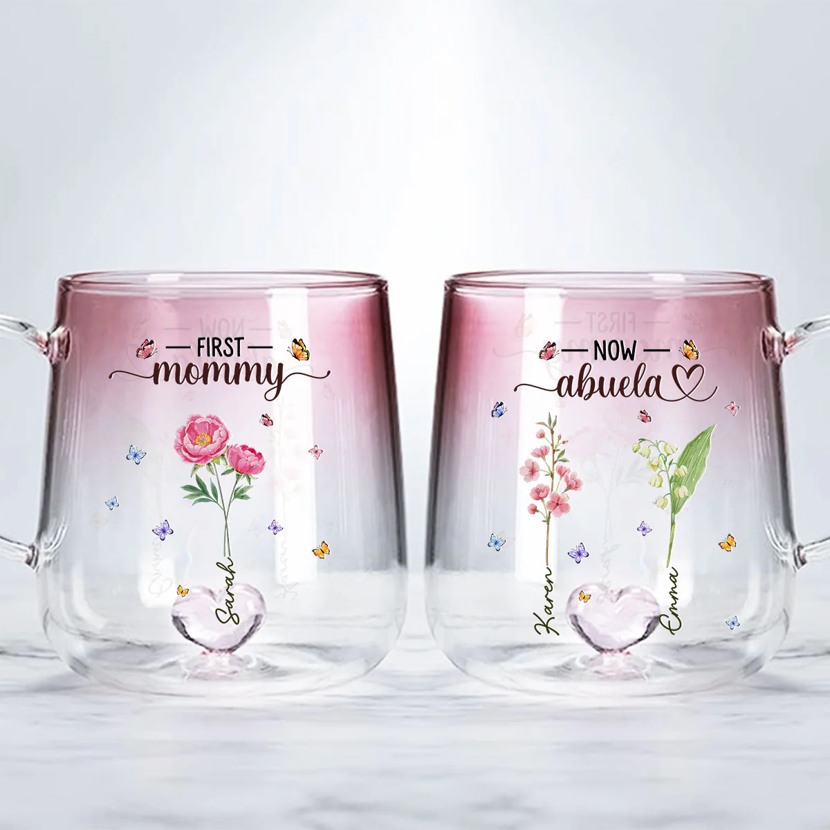 First Mom Now Grandma Flower - Personalized Custom Pink Gradient Glass Mug - Image 4