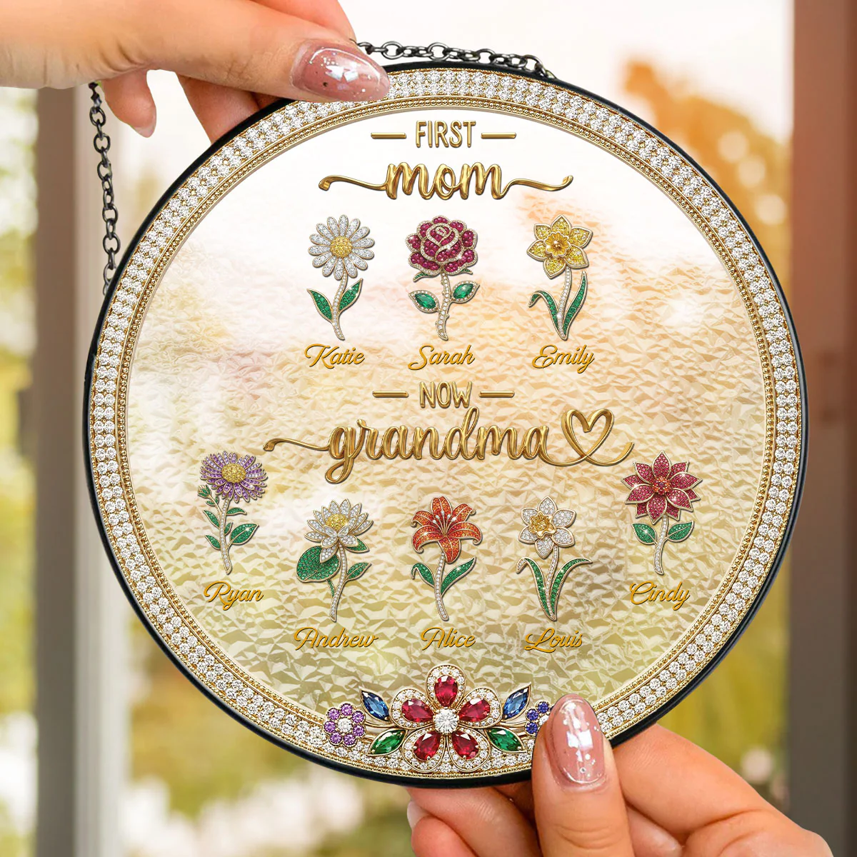 First Mom Now Grandma Flowers - Personalized Custom Window Hanging Suncatcher - Image 4