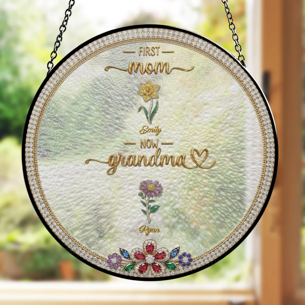 First Mom Now Grandma Flowers - Personalized Custom Window Hanging Suncatcher - Image 6