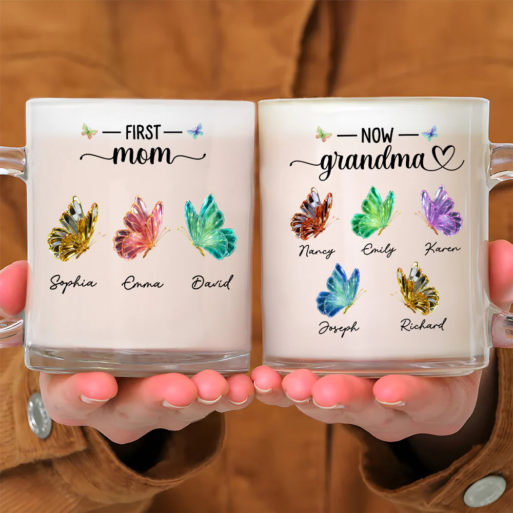 First Mom Now Grandma Lovely Butterflies - Personalized Custom Glass Mug