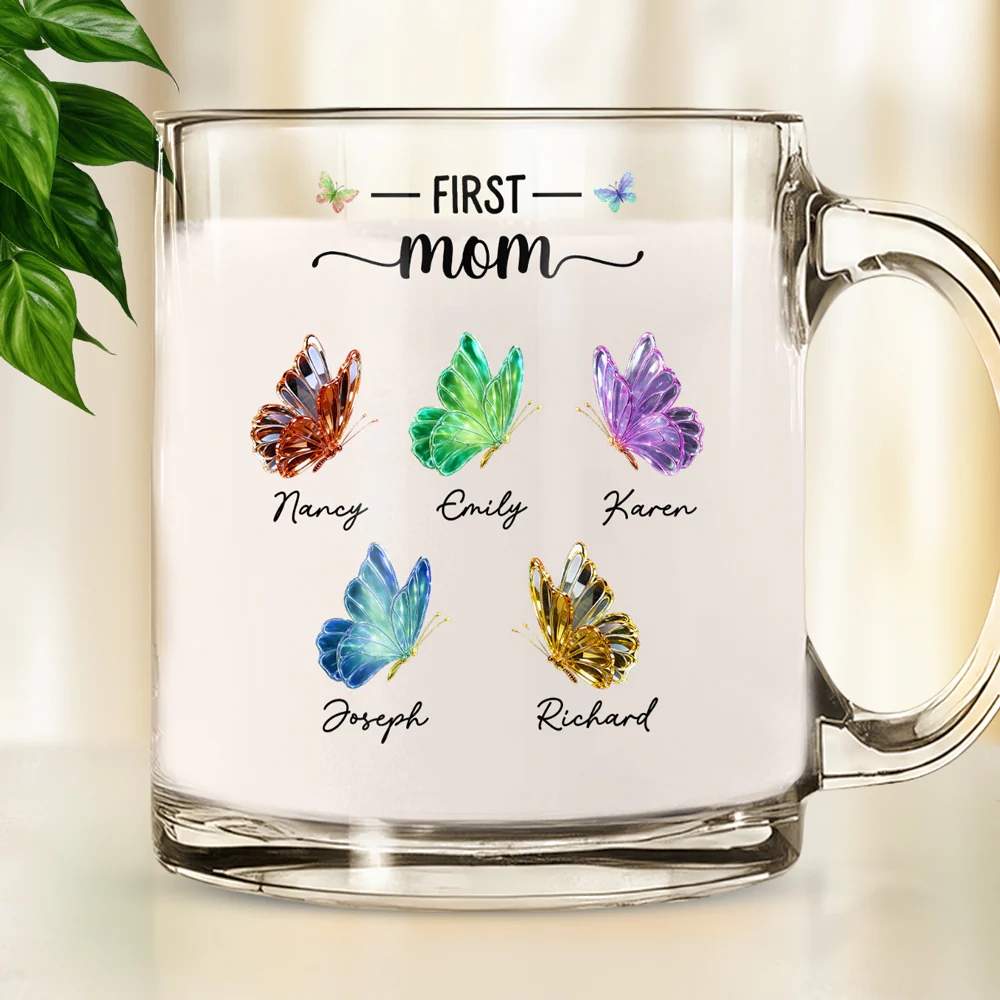 First Mom Now Grandma Lovely Butterflies - Personalized Custom Glass Mug - Image 4