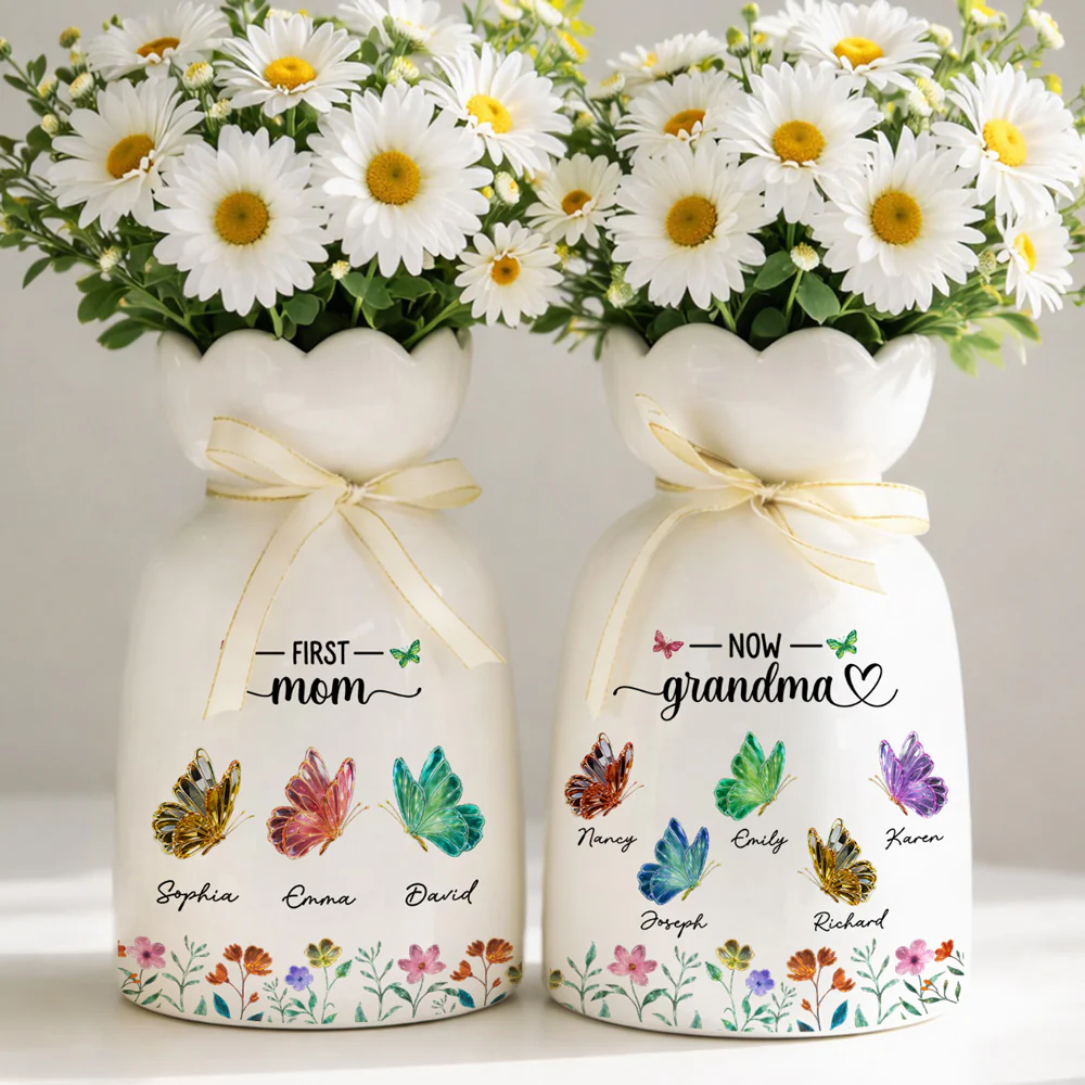 First Mom Now Grandma Lovely Butterflies - Personalized Custom Ribbon Tie Flower Vase