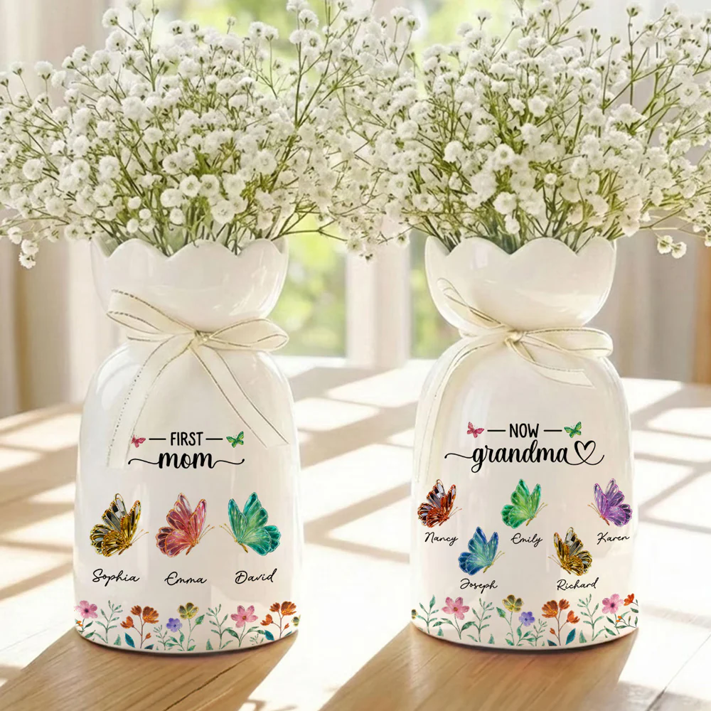 First Mom Now Grandma Lovely Butterflies - Personalized Custom Ribbon Tie Flower Vase - Image 2