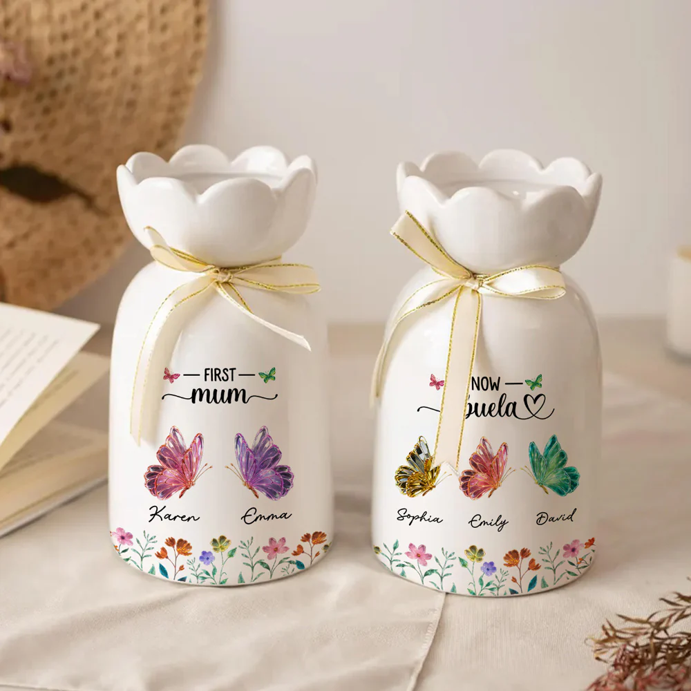First Mom Now Grandma Lovely Butterflies - Personalized Custom Ribbon Tie Flower Vase - Image 3