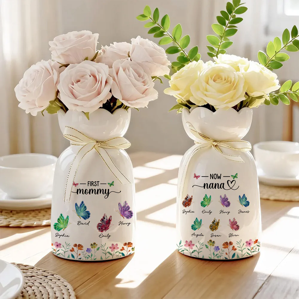First Mom Now Grandma Lovely Butterflies - Personalized Custom Ribbon Tie Flower Vase - Image 4